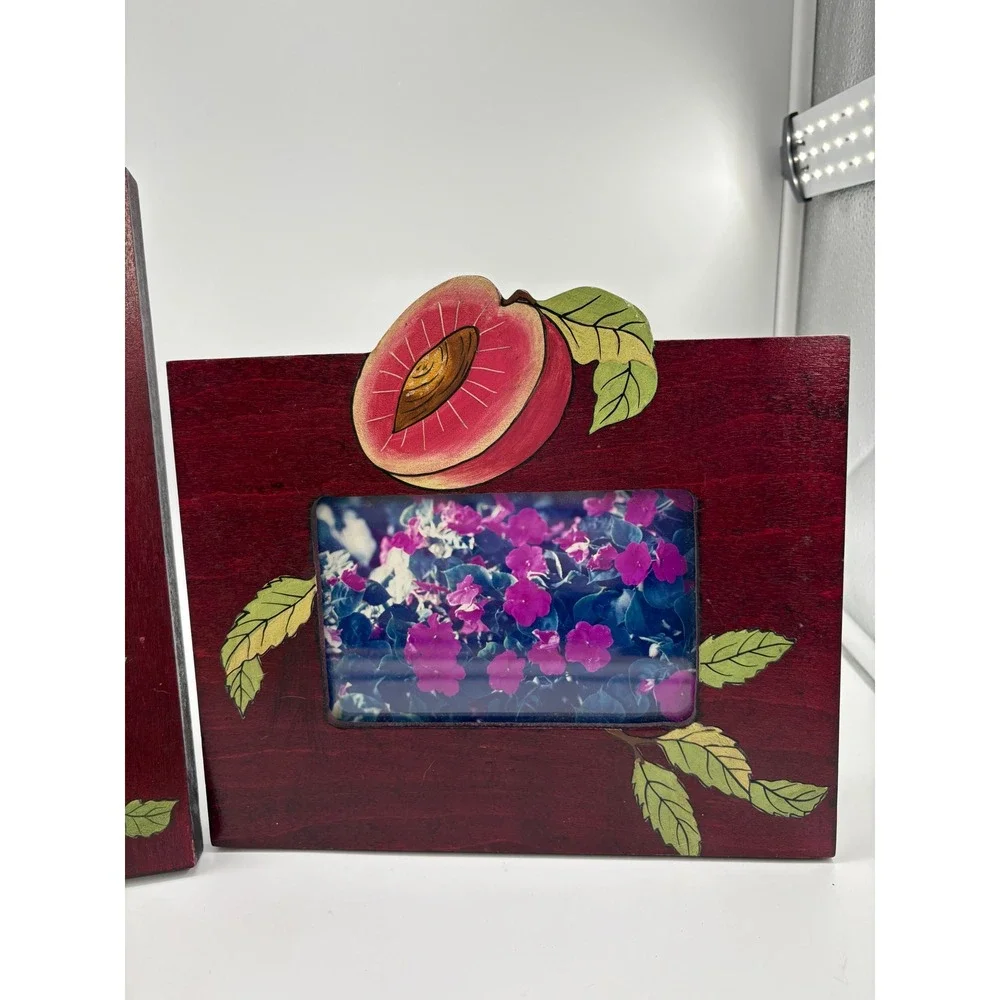 Vtg 1990s Tole Painted Cherry Wood Picture Frame Set 2 Peach Fruit Cottagecore